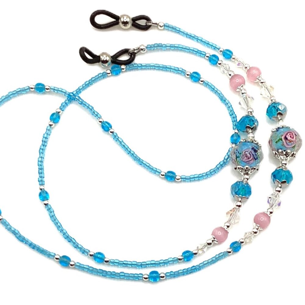 Turquoise and Pink Flowers, Beaded Eyeglass or Sunglass Chain Holder, 28 inches